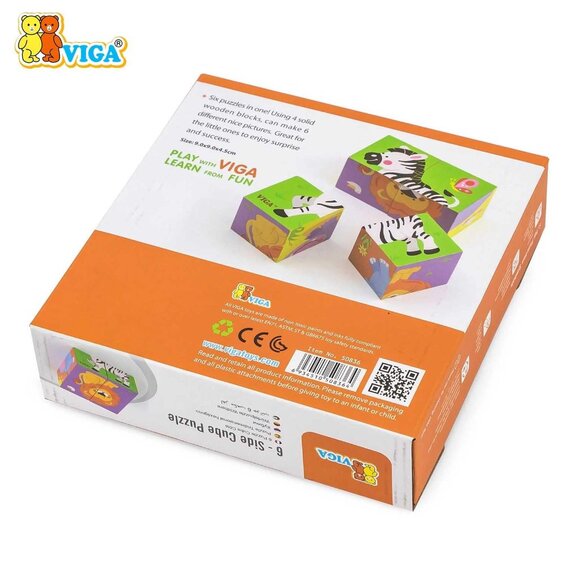 New Sealed Viga 4pcs 6-side Cube Puzzle - Wild Animals For Age 18 Months - Picture 5 of 8